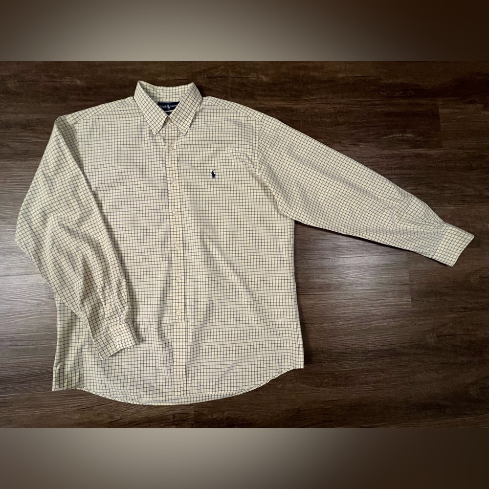 Vtg Ralph Lauren‎ Vintage Buttondown Shirt Mens Large Yellow Two-Ply Cotton E1